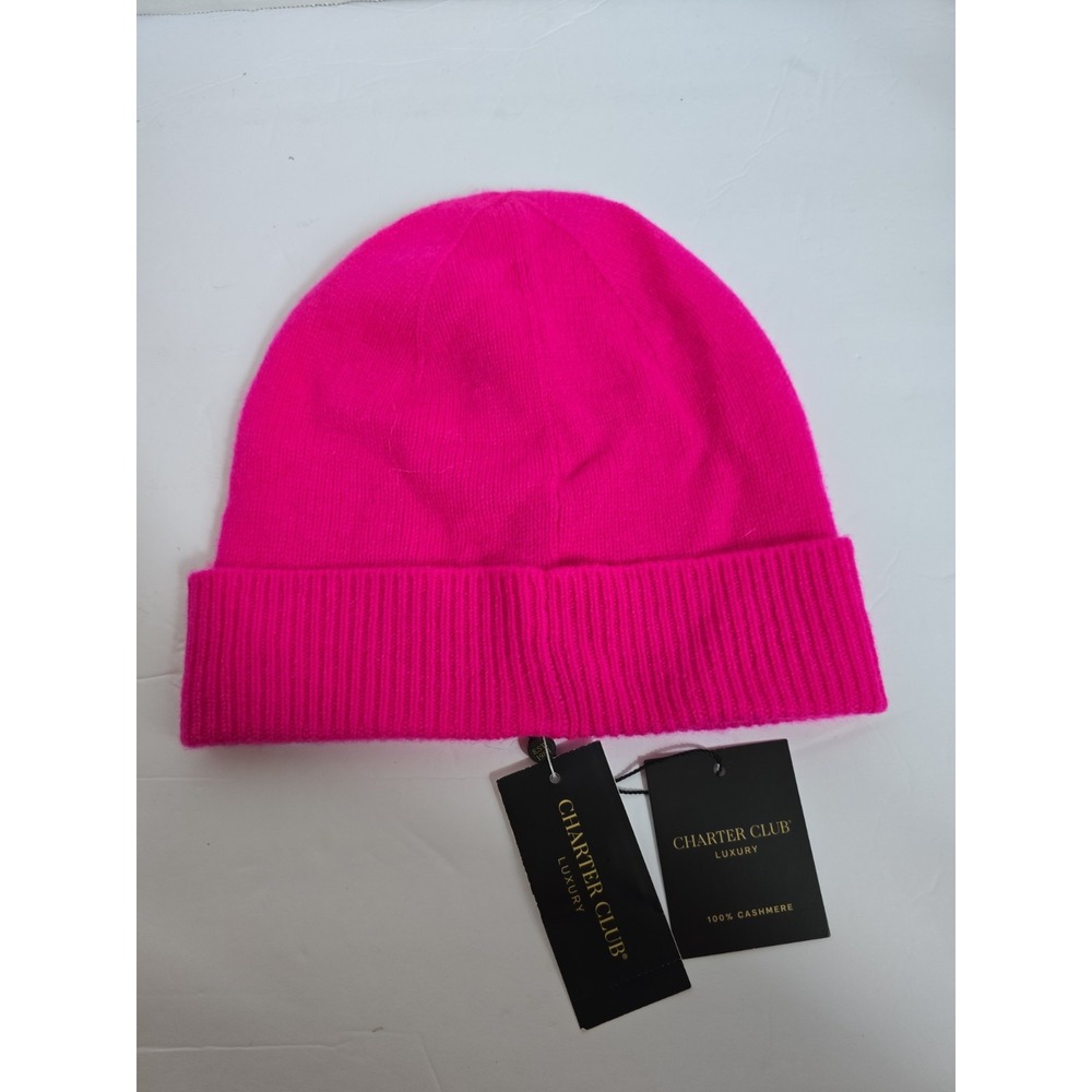 Charter Club Luxury 100% Cashmere Cuffed Beanie in Fierce Pink Hat NWT